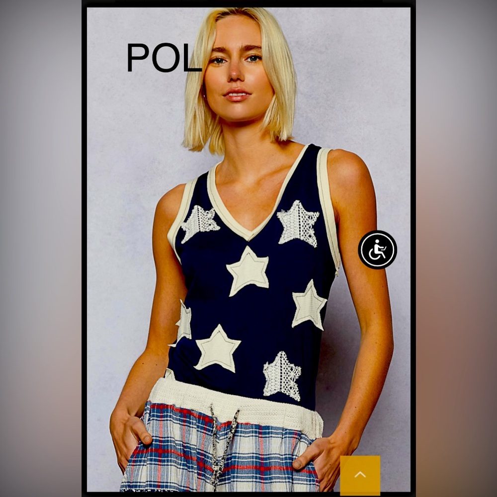 BP209-11💙🤍POL pretty Navy Star Tank Top w/cool star patches on front+one back!
